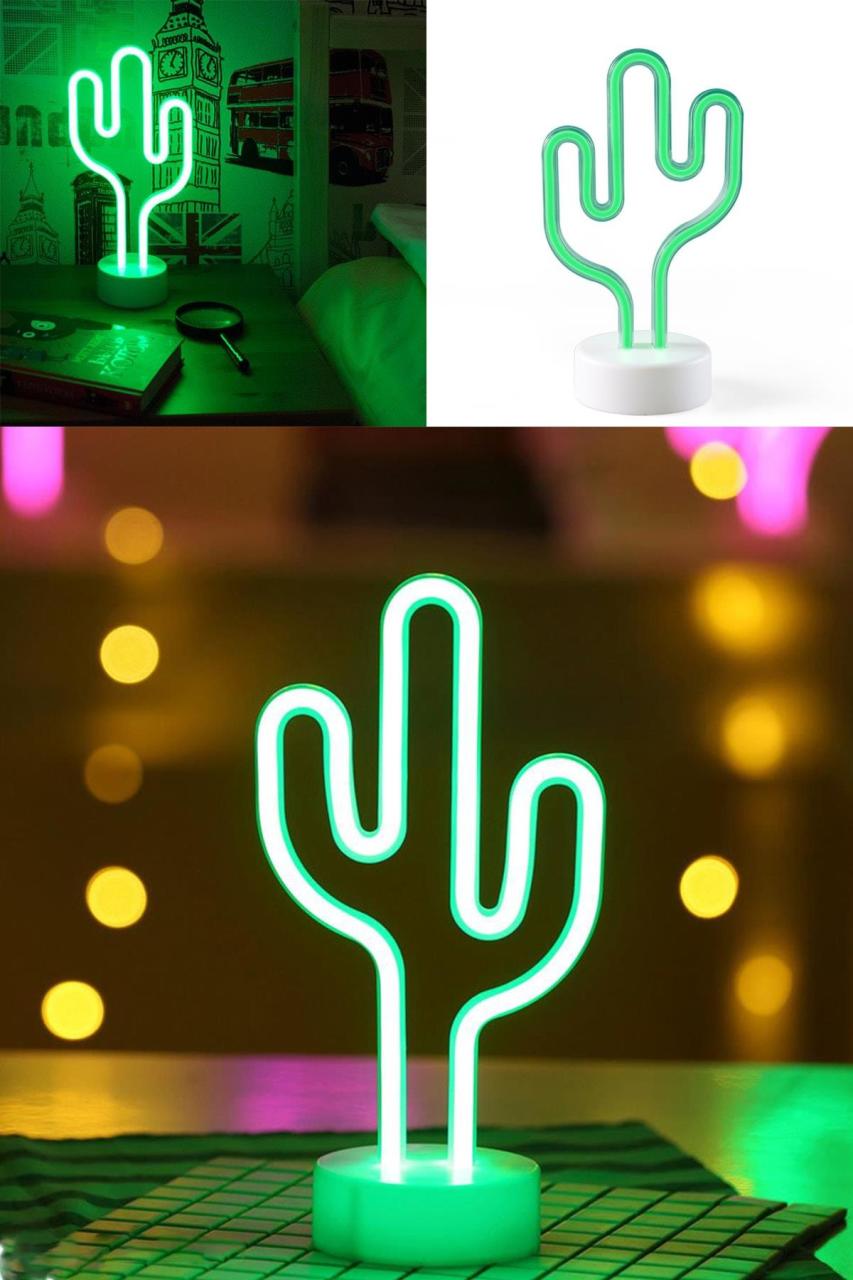 Yeşil Kaktüs Model Neon Led Işıklı Masa Lambası Dekoratif Aydınlatma Gece Lambası