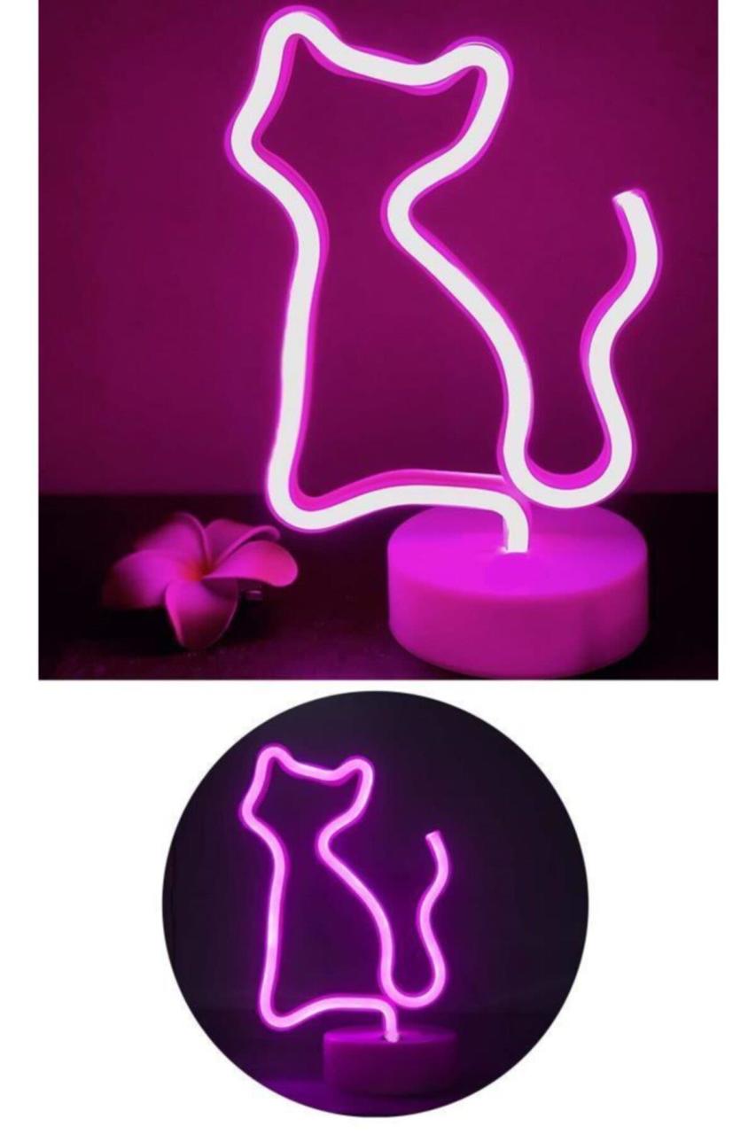 Pembe Kedi Model Neon Led Işıklı Masa Lambası Dekoratif Aydınlatma Gece Lambası