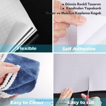 TechnoSmart 60cm×500cm Kendinden Yapışkanlı Folyo Mutfak Dolap Masa Beyaz Eşya Kaplama Duvar Kağıdı Silver