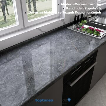 TechnoSmart 60cm×500cm Kendinden Yapışkanlı Mermer Desen Folyo Mutfak Dolap Masa Kaplama DuvarKağıdı Antrasit