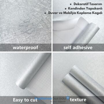 TechnoSmart 60cm×500cm Kendinden Yapışkanlı Modern Görünümlü Duvar Kağıdı Mutfak Dolap Masa Kaplama Gri