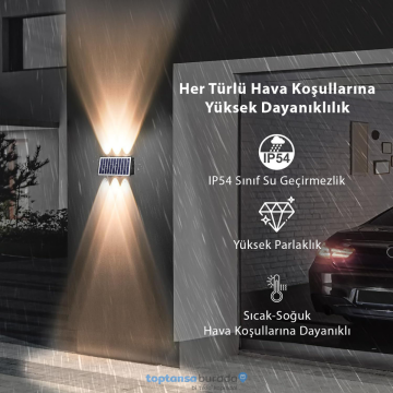 TechnoSmart 1Adet Güneş Enerjili Çift Taraflı 6 Ledli Aplik Sarı Işık Duvar Lambası Bahçe Aydınlatma
