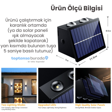TechnoSmart 1Adet Güneş Enerjili Çift Taraflı 4 Ledli Aplik Sarı Işık Duvar Lambası Bahçe Aydınlatma