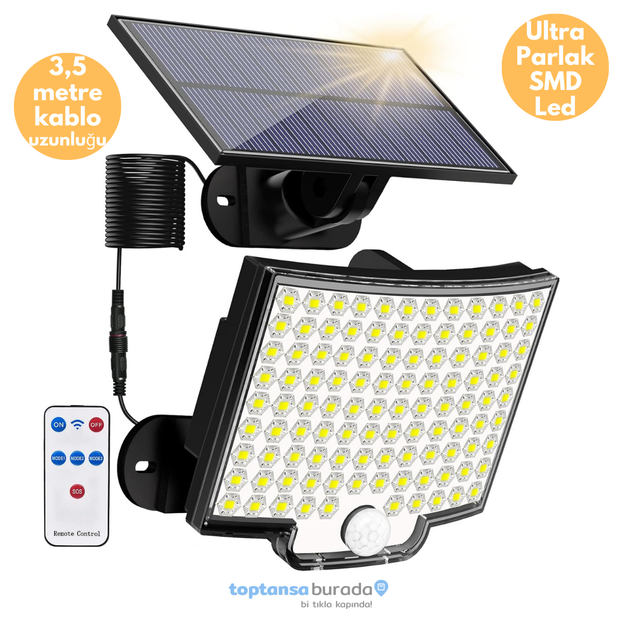 TechnoSmart Solar Güneş Enerjili 110 Ledli Kumandalı Hareket Sensörlü 3 Modlu Bahçe Aydınlatma Lamba