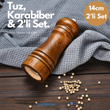 TechnoSmart Premium Kalite 2 Adet 14cm Doğal Ahşap Değirmen Baharat Öğütücü Karabiber Tuz Kahve