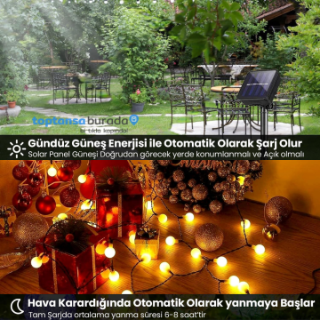 TechnoSmart Solar 50 Ledli Top 8 Modlu Sarı Işık Bahçe Aydınlatma Dekorasyon Güneş Enerjili