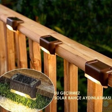 Solar Güneş Enerjili Şarj Edilen Köşebent Merdiven Veranda Bahçe Led Lamba Kahve (4Adet)