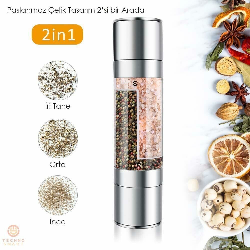 Paslanmaz Çelik Çift Hazneli Karabiber Tuz Baharat Değirmeni Bölmeli Çelik Öğütücü