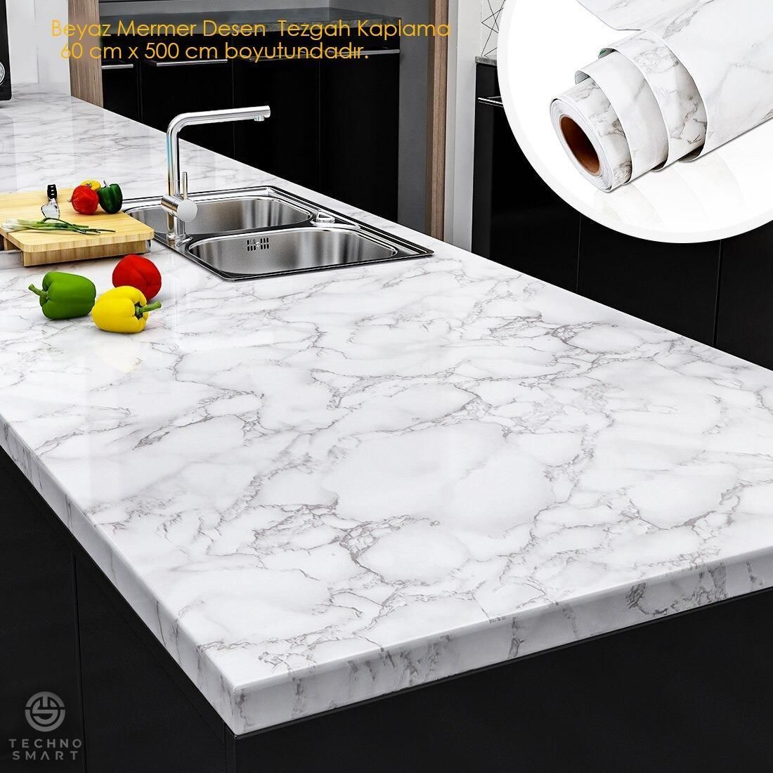 Mutfak Tezgah Üstü Folyo Kaplama Mermer Desenli Beyaz Banyo Dolap Kaplama 60cmx100cm