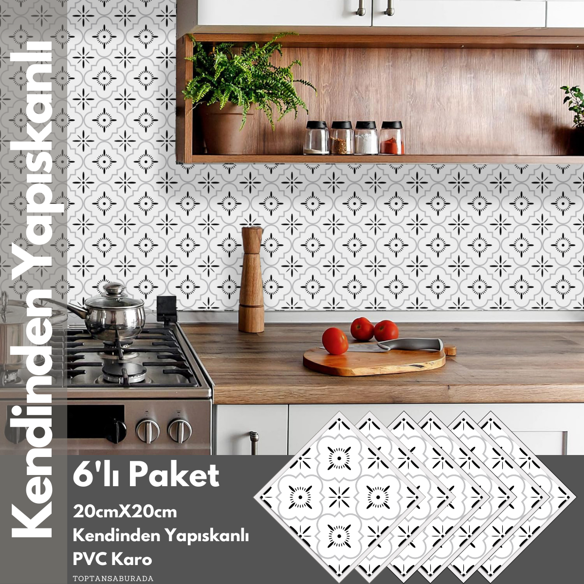 TechnoSmart 6Adet 20cm×20cm Kendinden Yapışkanlı Duvar Kaplama Mutfak Banyo PVC Sticker Dekorasyon
