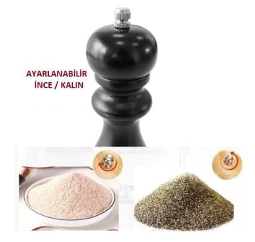 TechnoSmart Karabiber Tuz Kahve Baharat Öğütücü Ahşap Manuel El Değirmeni Tuzluk Siyah