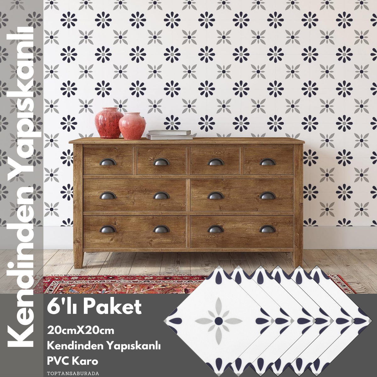 TechnoSmart 6Adet 20cm×20cm Kendinden Yapışkanlı Duvar Kaplama Mutfak Banyo PVC Sticker Dekorasyon