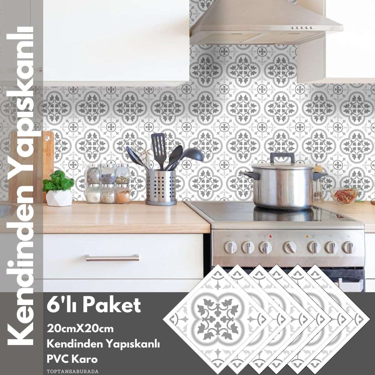 TechnoSmart 6Adet 20cm×20cm Kendinden Yapışkanlı Duvar Kaplama Mutfak Banyo PVC Sticker Dekorasyon