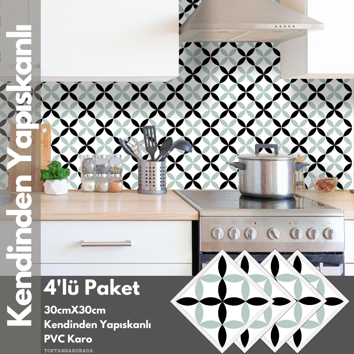 TechnoSmart 4Adet 30cm×30cm Kendinden Yapışkanlı Duvar Kaplama Mutfak Banyo PVC Sticker Dekorasyon