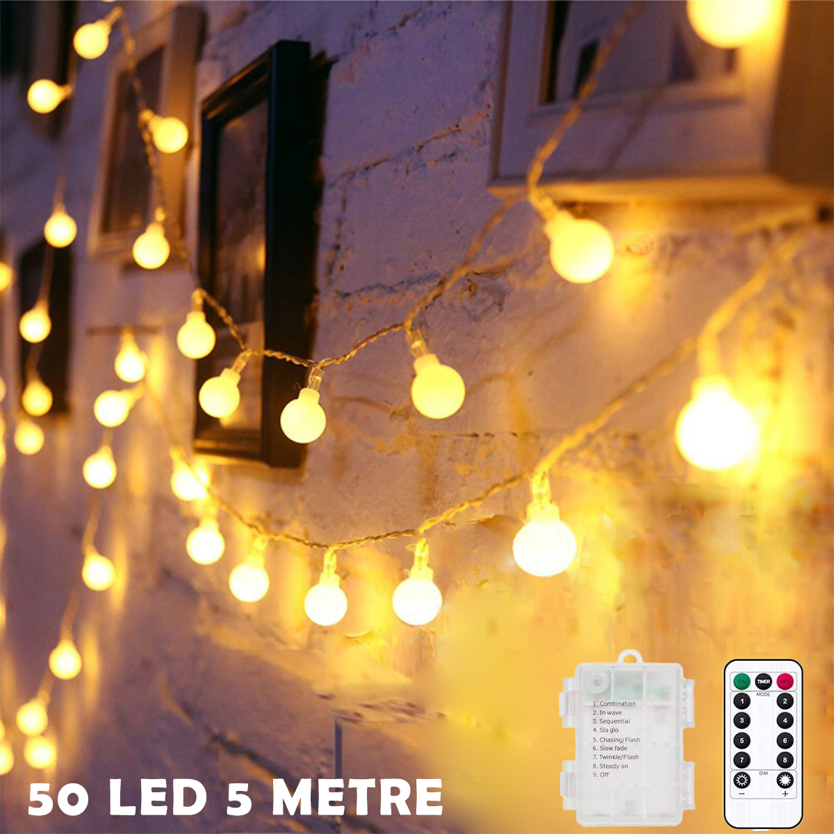 50 Ledli 8 mt Kumandalı 8 Modlu Dekoratif Led Sarı Işık Pilli