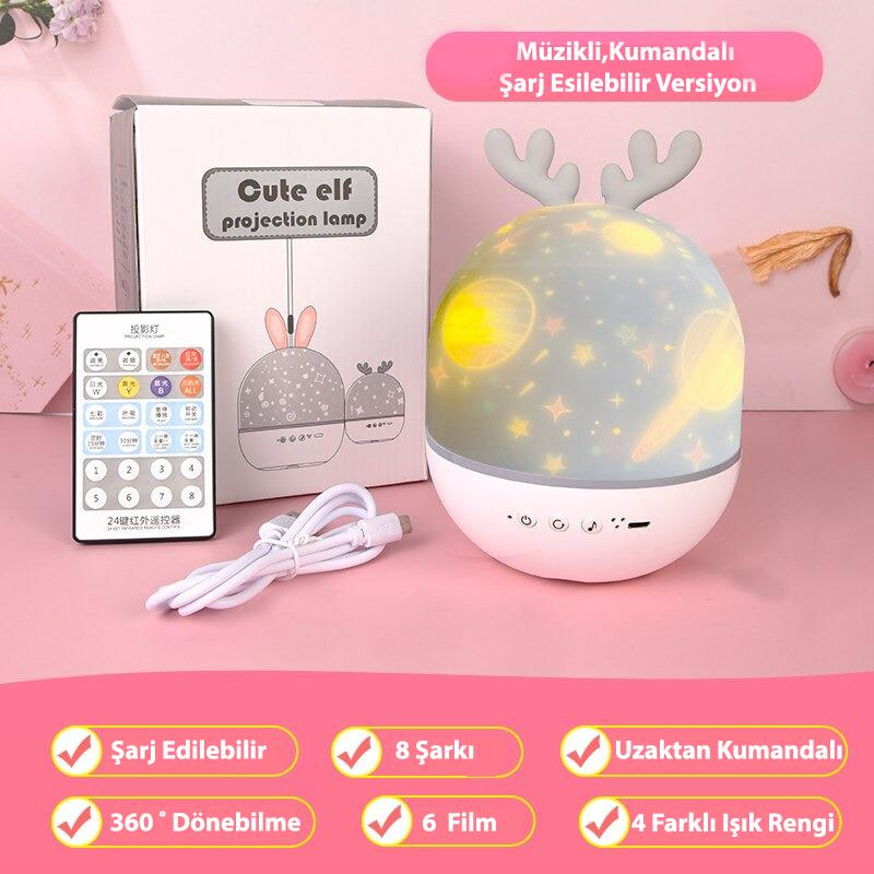 Müzikli Kumandalı 6 Farklı Resimli Dönen Star Master Şarjlı Fonksiyonel Gece Lambası Lüx