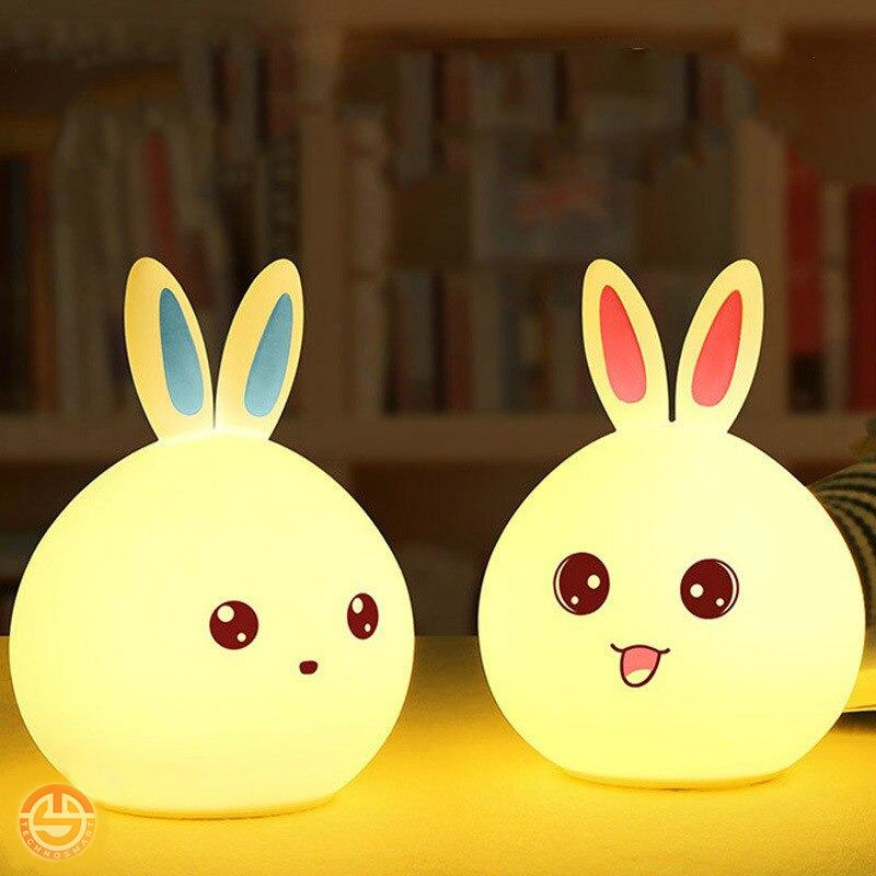 Dokunmatik Renkli ve Soft Silikon Masa Lambası Pil ve Usbli Tavşan Figürlü Gece Lambası