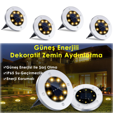 TechnoSmart 4 Adet Solar Güneş Enerjili 8 Ledli Kazıklı Çim Zemin Bahçe Aydınlatma 3 W Gün Işığı