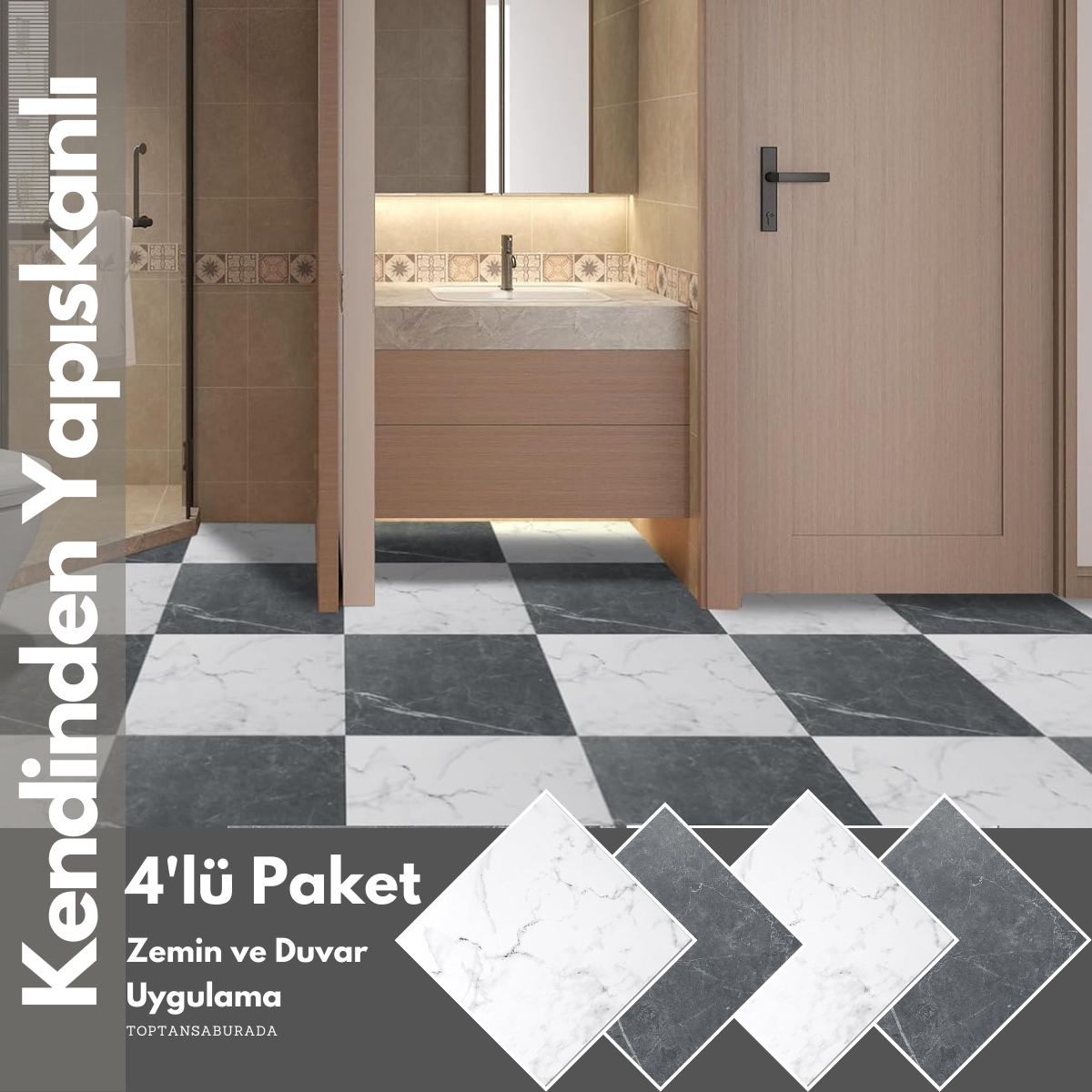 TechnoSmart 4Adet 30cm×30cm Kendinden Yapışkanlı LVT Zemin ve Duvar Kaplama Mutfak Banyo Karo Stickr