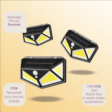 TechnoSmart 114 Ledli Solar Güneş Enerjili Bahçe Aydınlatması Hareket Sensörlü Lamba 3 Modlu COB Led