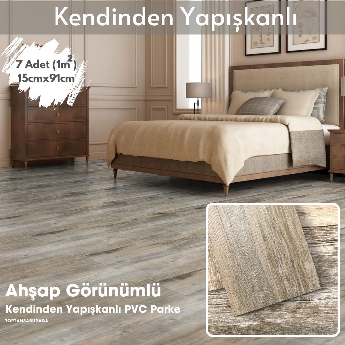 TechnoSmart 7Adet 15cm×91cm Kendinden Yapışkanlı LVT Laminant Görünümlü Zemin Kaplama Mutfak Karo