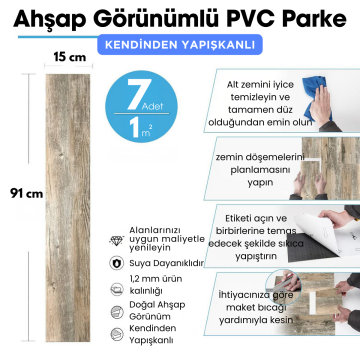 TechnoSmart 7Adet 15cm×91cm Kendinden Yapışkanlı LVT Laminant Görünümlü Zemin Kaplama Mutfak Karo