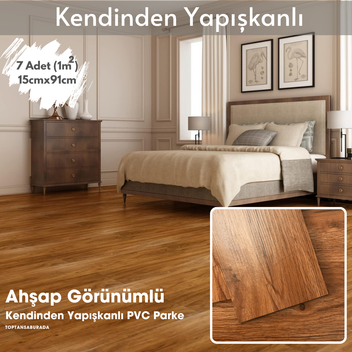 TechnoSmart 7Adet 15cm×91cm Kendinden Yapışkanlı LVT Laminant Görünümlü Zemin Kaplama Mutfak Karo