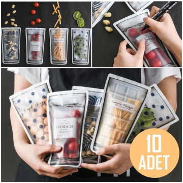 10 Adet Desenli Saklama Poşeti Setleri Kilitlenebilir Çıtçıtlı Buzdolabı Saklama Kabı