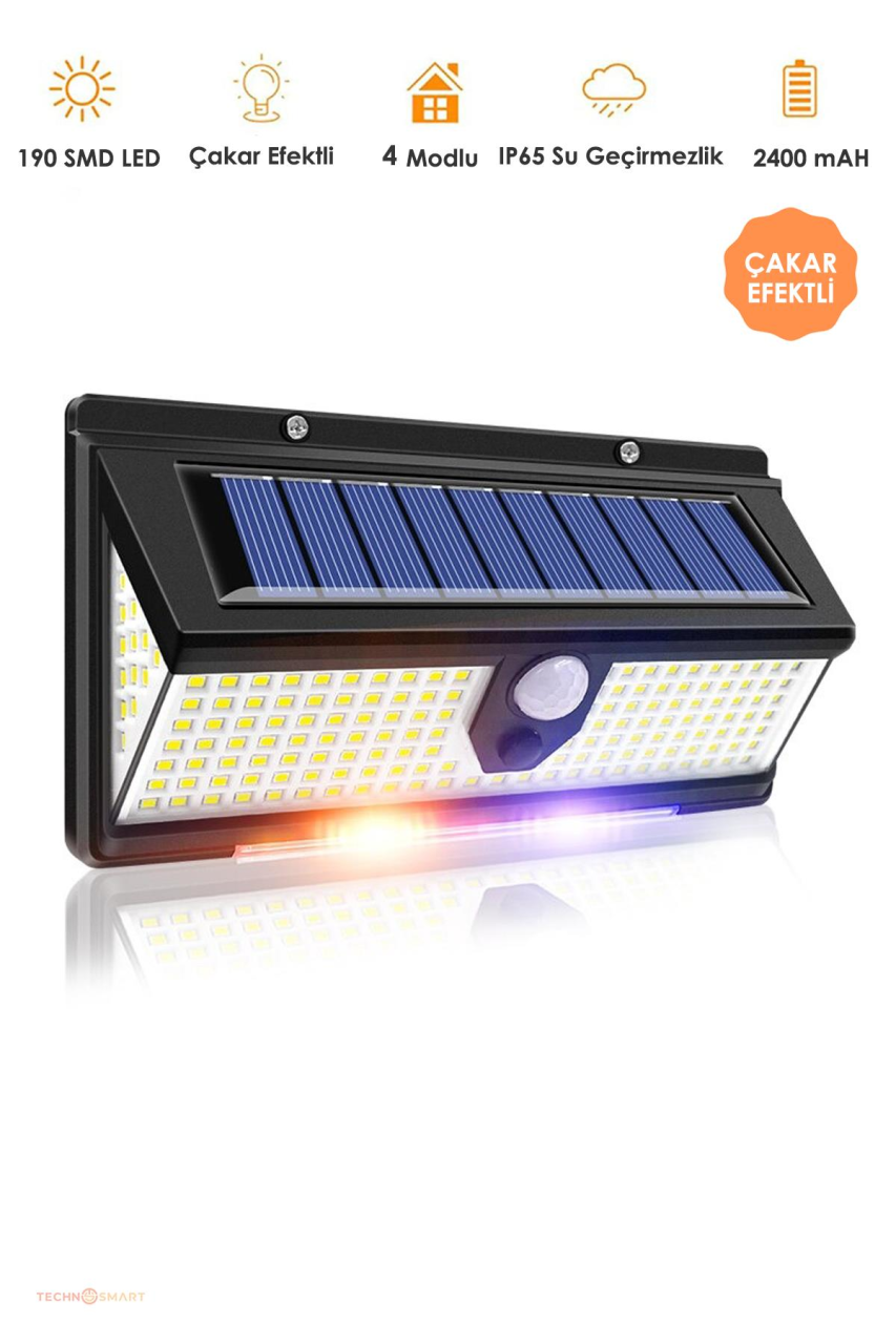 Trendpoint 190 Ledli Çakarlı Hareket Sensörlü Solar Güneş Enerjili Led Bahçe Lambası Şarj Olabilen