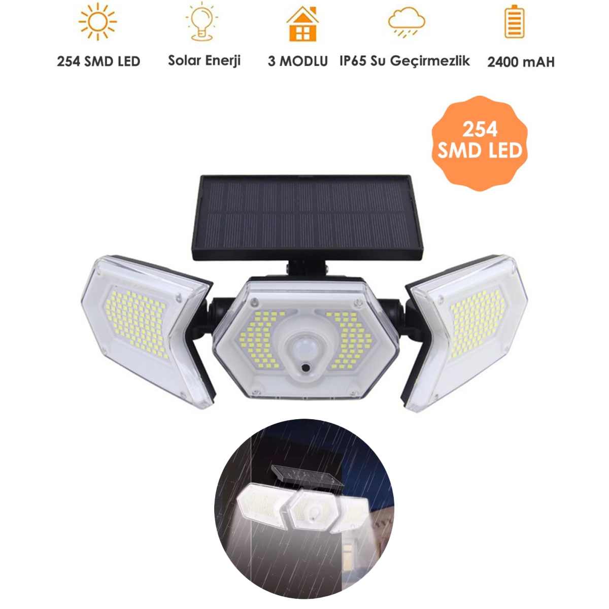 Trendpoint 254 Ledli Hareket Sensörlü Solar Projektör Güneş Enerjili Led Bahçe Lambası Şarj Olabilen