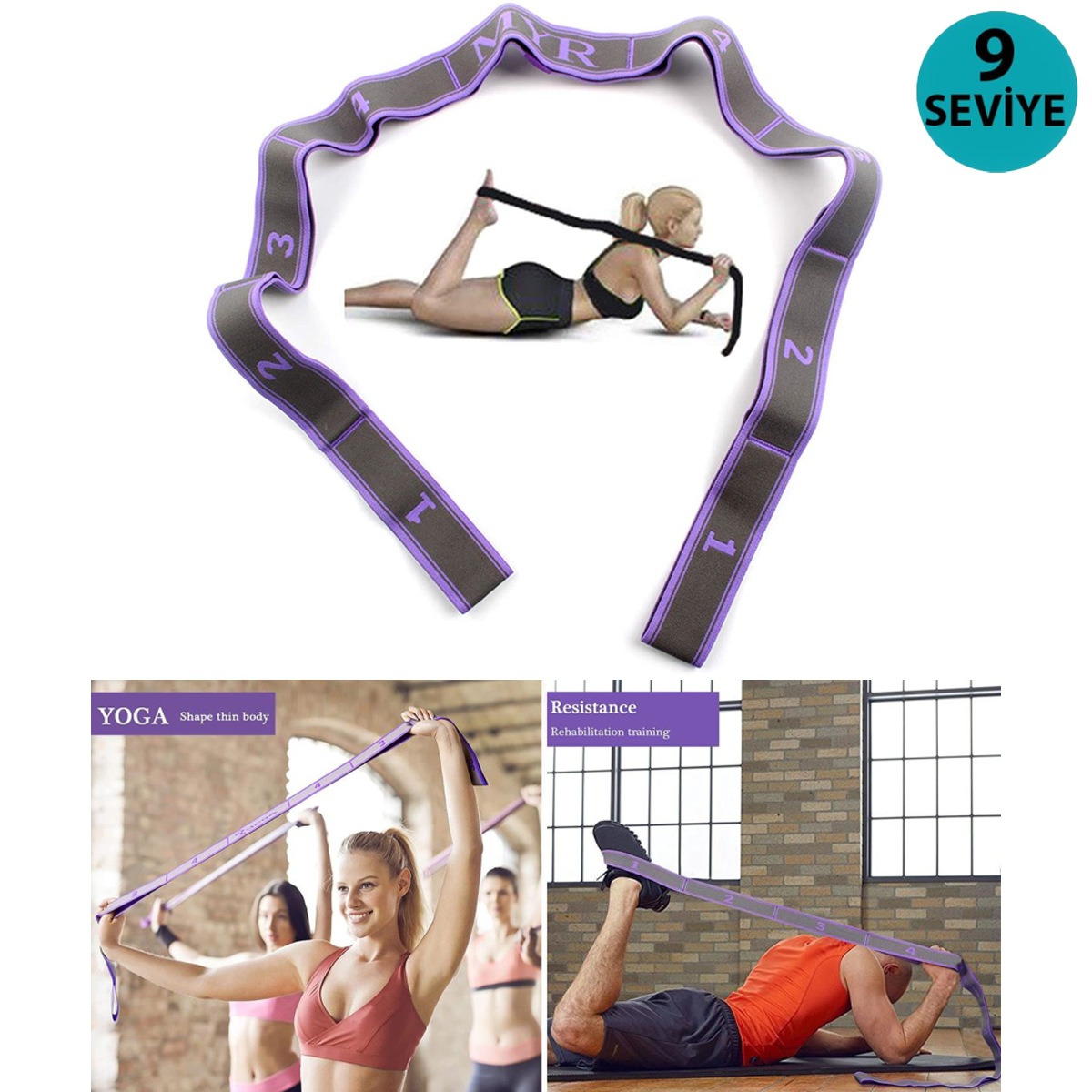 Trendpoint 9 Farklı Seviyeli Direnç Bandı Spor Egzersiz Aerobik Pilates Squat Lastiği Fitness Yoga Mor