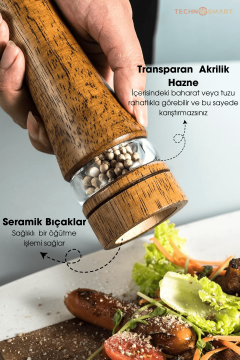 TechnoSmart Premium 2 Adet 22cm Doğal Ahşap Değirmen & Akrilik Şeffaf Baharat Öğütücü Karabiber Tuz