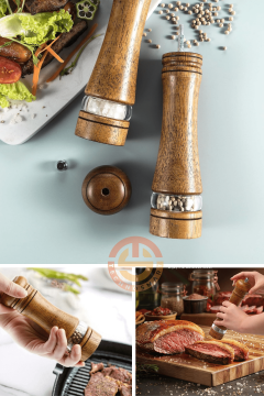 TechnoSmart Premium 2 Adet 22cm Doğal Ahşap Değirmen & Akrilik Şeffaf Baharat Öğütücü Karabiber Tuz