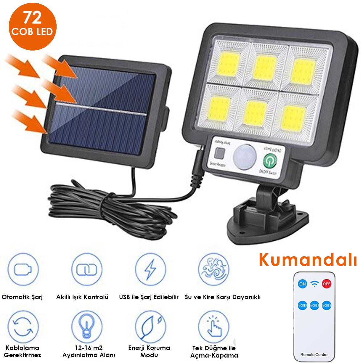 TechnoSmart 6Gözlü 72COB Ledli Solar Usbli Bahçe Aydınlatma Hareket Sensörlü Güneş Enerjili Lamba