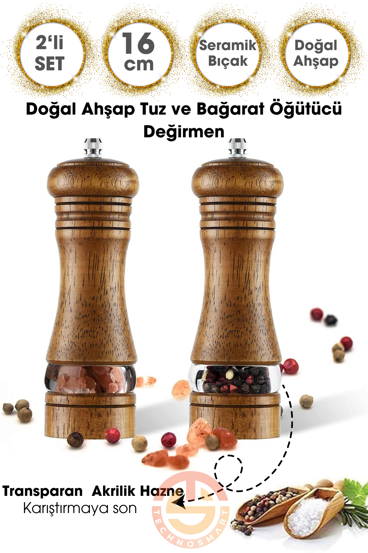 TechnoSmart Premium 2 Adet 16cm Doğal Ahşap Değirmen & Akrilik Şeffaf Baharat Öğütücü Karabiber Tuz