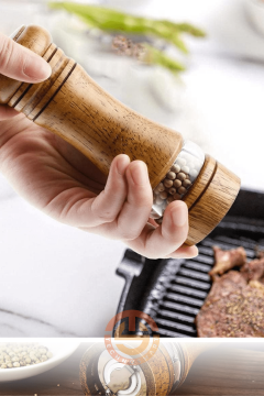 TechnoSmart Premium 2 Adet 16cm Doğal Ahşap Değirmen & Akrilik Şeffaf Baharat Öğütücü Karabiber Tuz