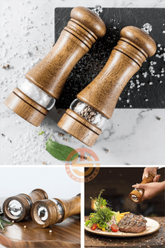 TechnoSmart Premium 2 Adet 16cm Doğal Ahşap Değirmen & Akrilik Şeffaf Baharat Öğütücü Karabiber Tuz