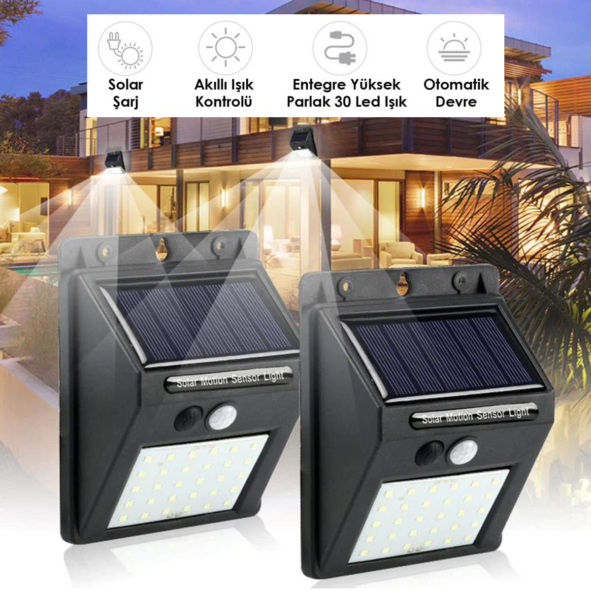 TechnoSmart 1Adet 30 Ledli Solar Hareket Sensörlü Bahçe Aydınlatma Lamba Dış Mekan Güneş Enerjili