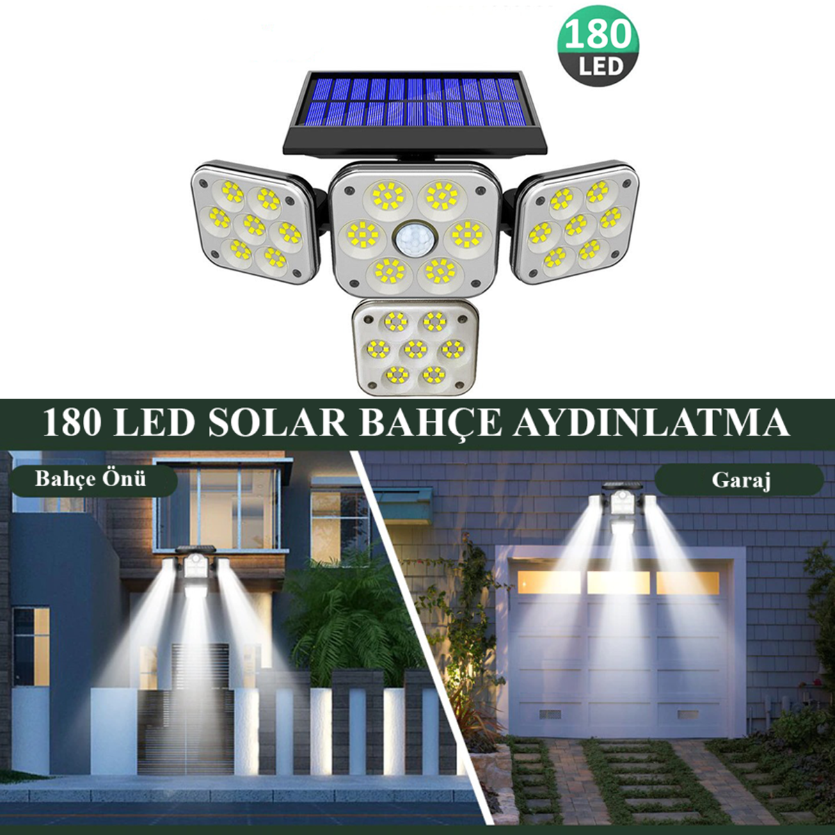 TechnoSmart 180Ledli Solar 4 Başlıklı Bahçe Aydınlatma Duvar Lambası Güneş Enerjili Hareket Sensörlü