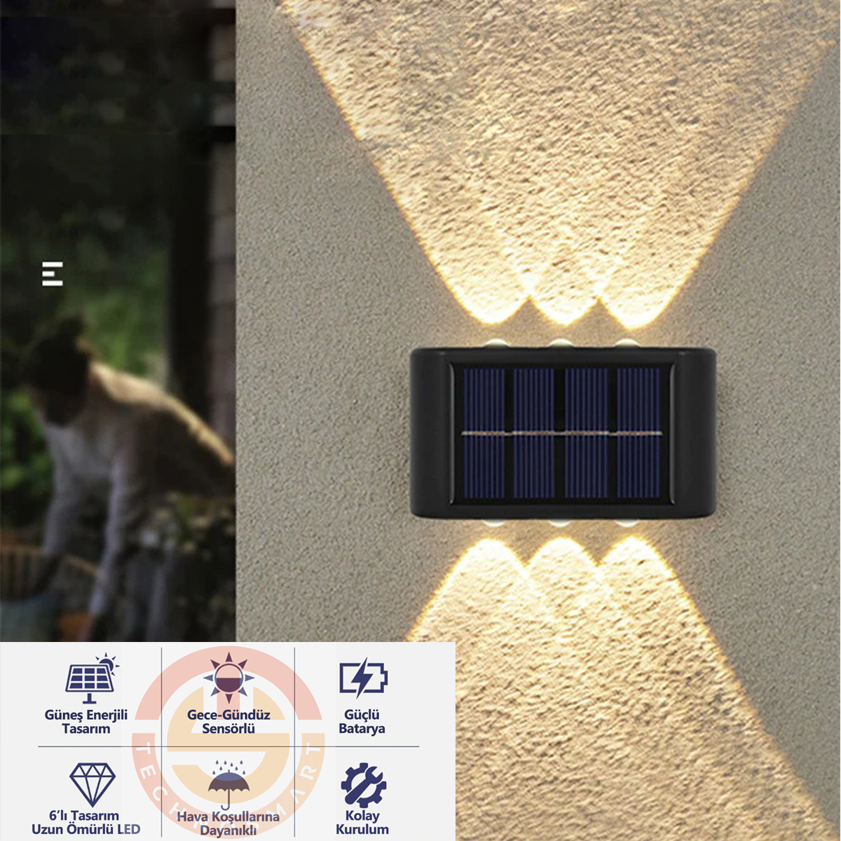 TechnoSmart 1Adet Modern Solar 6Ledli Çift Taraflı Aplik Güneş Enerjili Aydınlatma Duvar Lambası