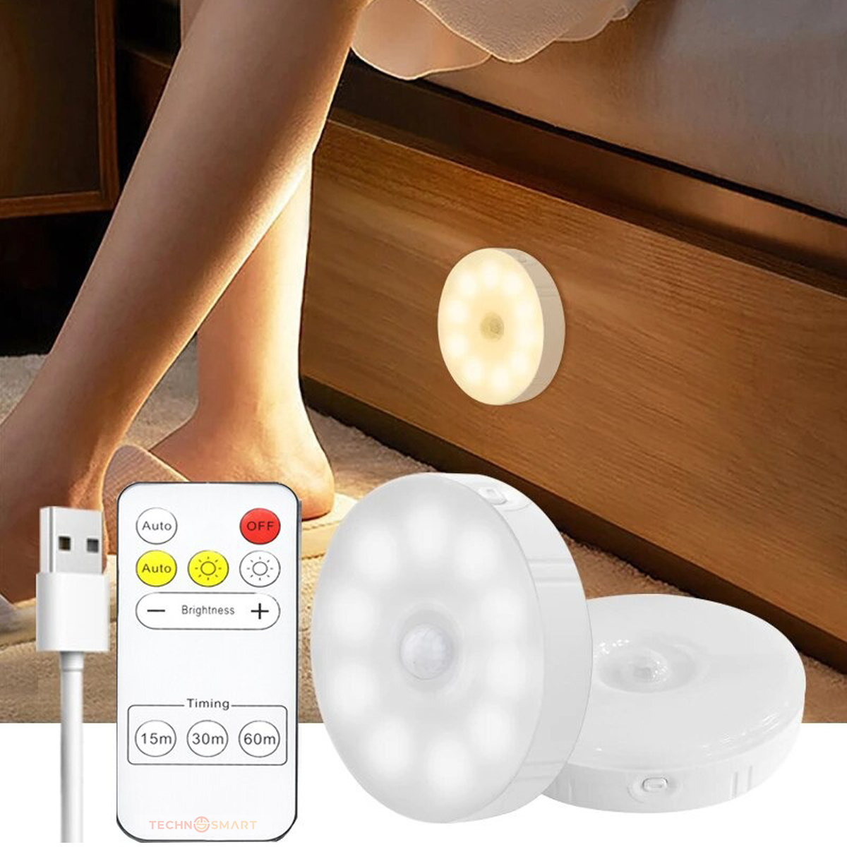 TechnoSmart 2li Spot Led Kumandalı Usb Şarjlı Akıllı Hareket Sensörlü Çift Renk Kablosuz Lamba