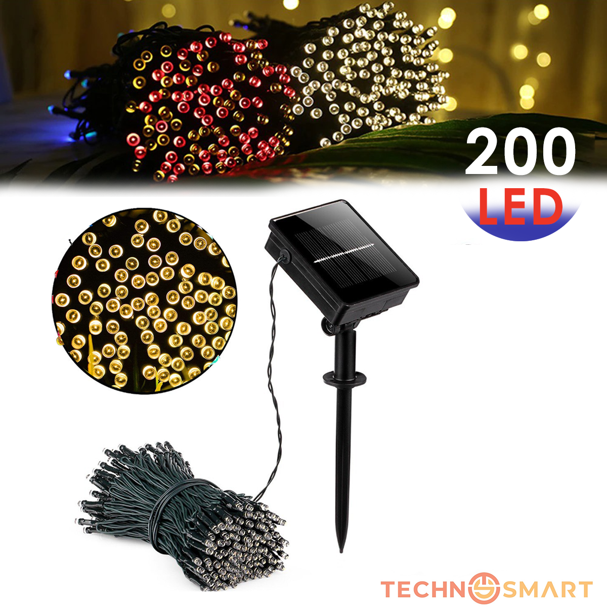TechnoSmart Solar 200 Ledli 22 Metre Bahçe Aydınlatma Dekorasyon Güneş Enerjili Led Sarı Işık