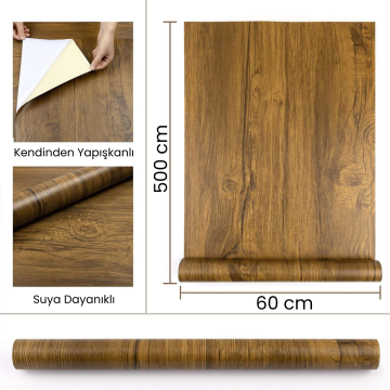 TechnoSmart 60×500cm Kendinden Yapışkanlı Doğal Ahşap Dokulu Kaplama Kağıdı Mutfak Dolap Masa Duvar
