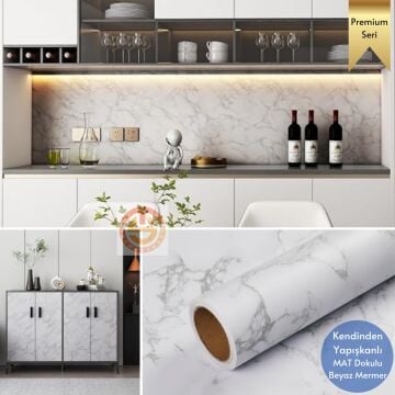 TechnoSmart 60x500cm Mat Mermer Desenli Kendinden Yapışkanlı Duvar Kağıdı Kaplama Mutfak Masa Folyo