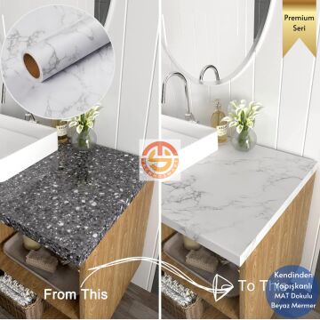 TechnoSmart 60x500cm Mat Mermer Desenli Kendinden Yapışkanlı Duvar Kağıdı Kaplama Mutfak Masa Folyo