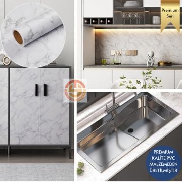 TechnoSmart 60x500cm Mat Mermer Desenli Kendinden Yapışkanlı Duvar Kağıdı Kaplama Mutfak Masa Folyo Beyaz