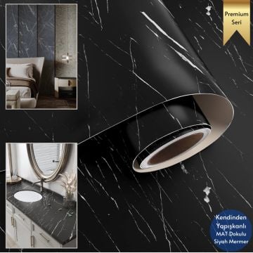 TechnoSmart 60x500cm Mat Mermer Desenli Kendinden Yapışkanlı Duvar Kağıdı Kaplama Mutfak Masa Folyo Siyah
