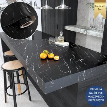TechnoSmart 60x500cm Mat Mermer Desenli Kendinden Yapışkanlı Duvar Kağıdı Kaplama Mutfak Masa Folyo Siyah