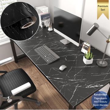 TechnoSmart 60x500cm Mat Mermer Desenli Kendinden Yapışkanlı Duvar Kağıdı Kaplama Mutfak Masa Folyo Siyah