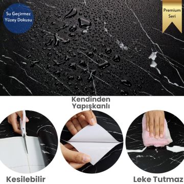 TechnoSmart 60x500cm Mat Mermer Desenli Kendinden Yapışkanlı Duvar Kağıdı Kaplama Mutfak Masa Folyo Siyah